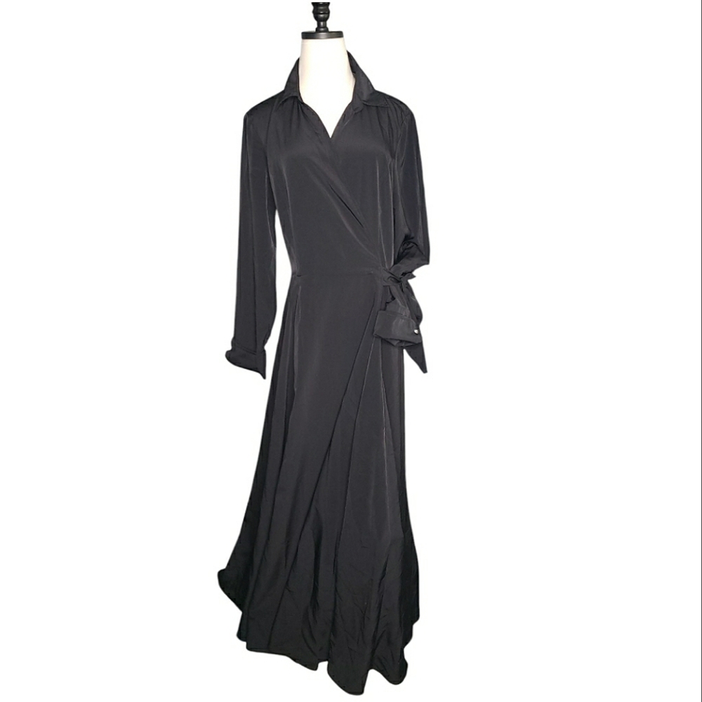 Vintage Black Long Sleeve Wrap Maxi Dress